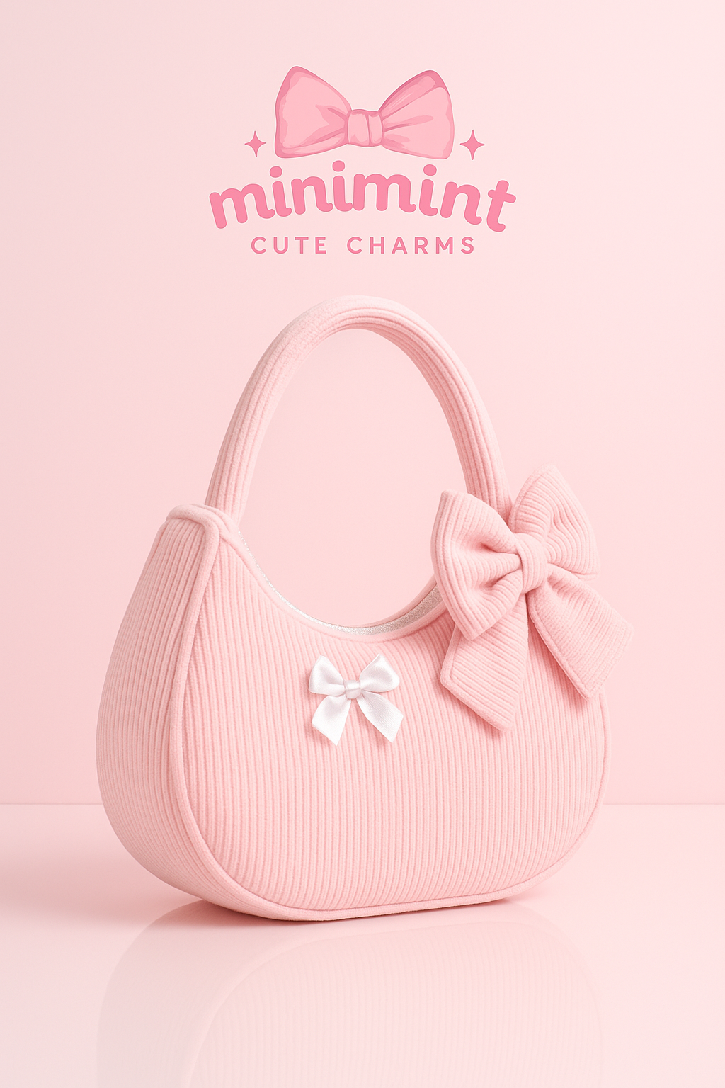 Soft Pink Bow Shoulder Bag โ Ribbed Aesthetic Soft-Girl Handbag