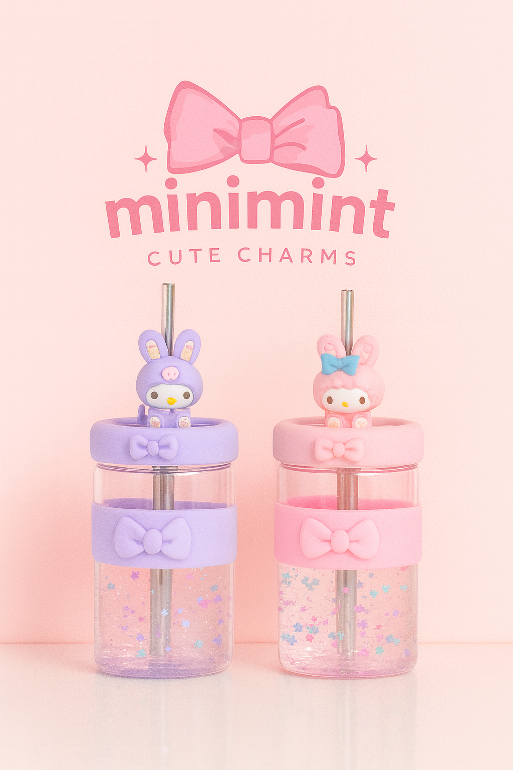 Kawaii Bunny Glitter Cup β Cute Straw Bottle With Bow Grip (2 Colors)