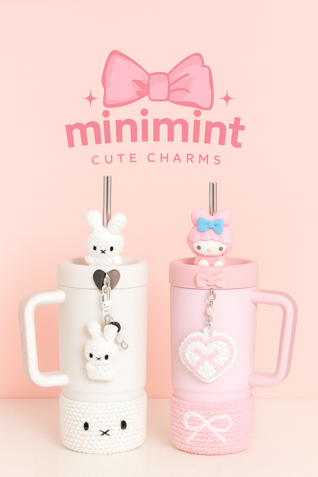 Kawaii Crochet Sleeve Tumbler β Cute Character Straw Mug With Charms (2 Variants)