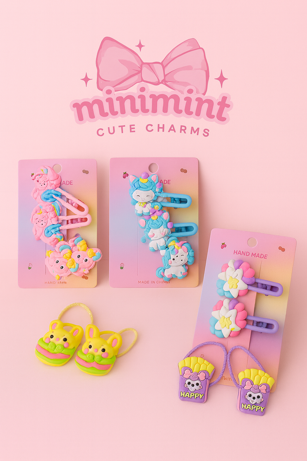 Cute Kawaii Hair Clip & Hair Tie Set ā Soft Rubber Cartoon Clips (Handmade Edition)