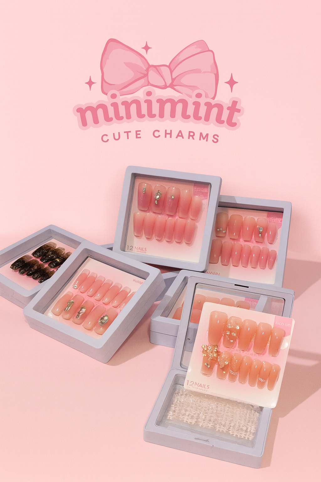 Premium Press-On Nails Set (12pcs) ā Soft Pink, Glitter, Ombre Designs | Reusable Luxury False Nails