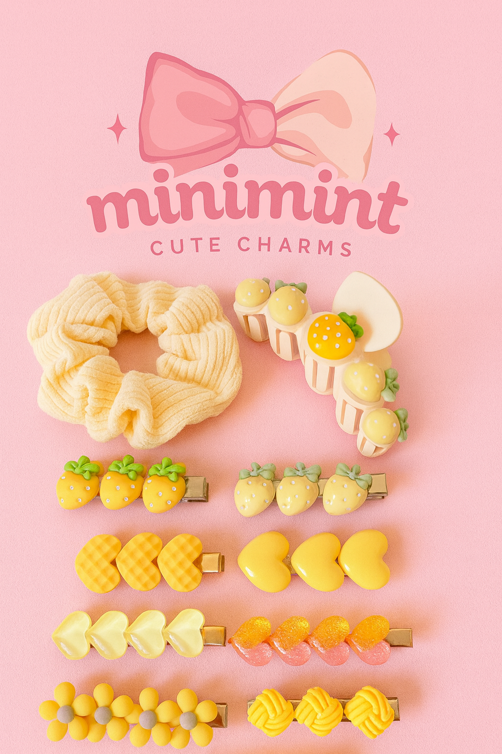 Yellow Aesthetic Hair Accessory Set – Cute Korean Clips + Scrunchie (9 PCS)