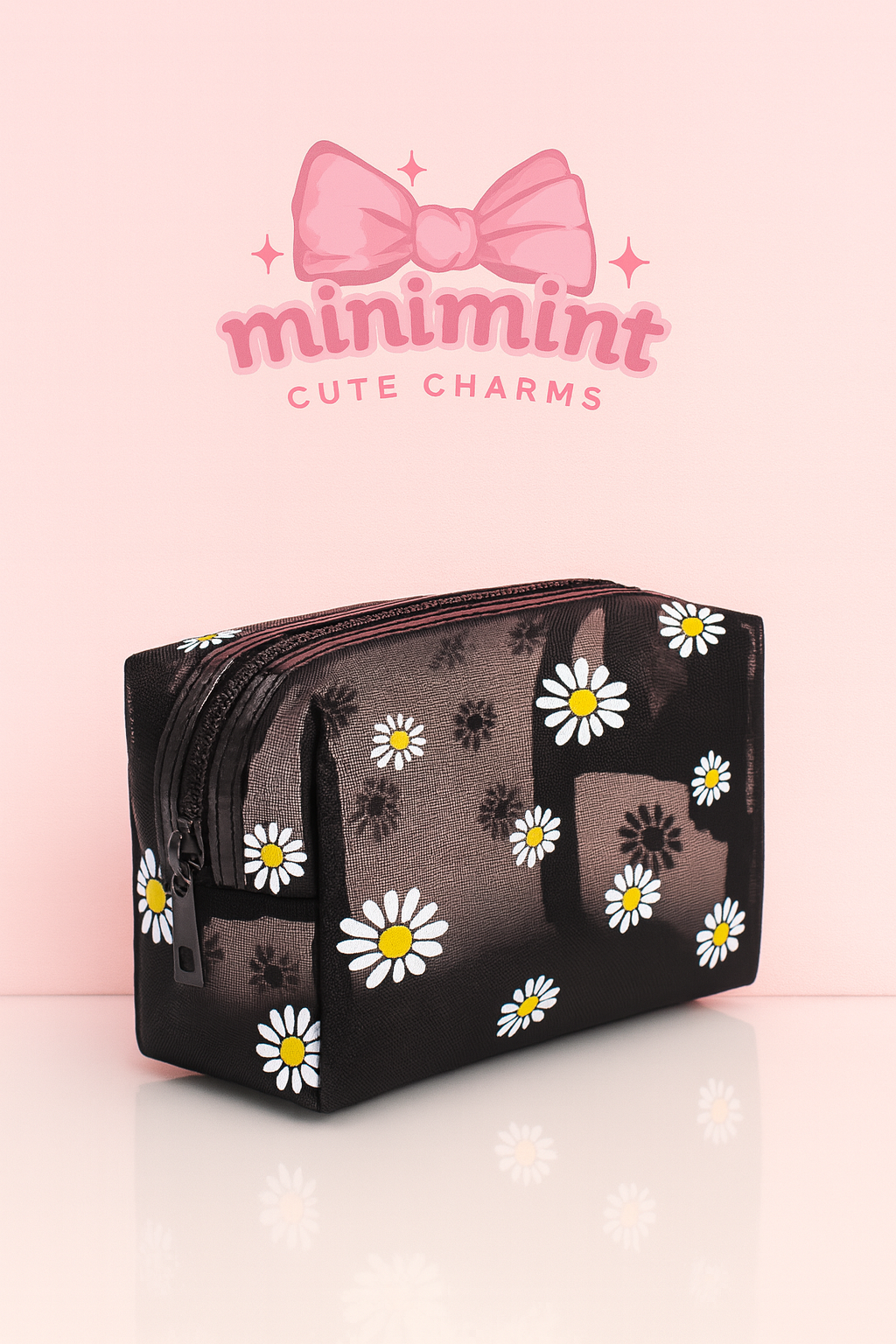 Black Daisy Mesh Pouch – Cute Travel & Makeup Organizer